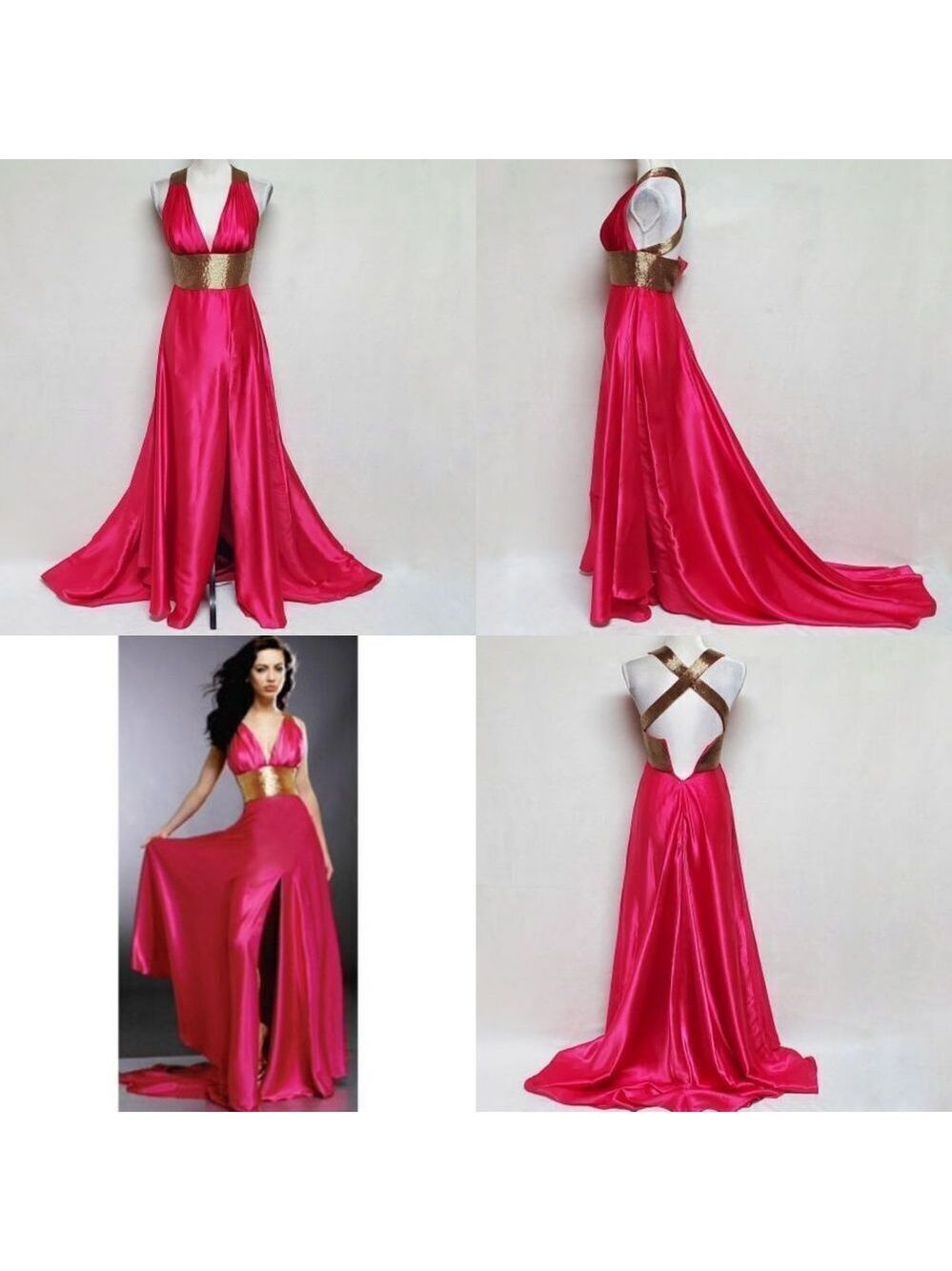 Jovani Fuschia Pink Satin Gold Beaded Grecian Style Racerback Slit Front Dress 0